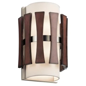 Kichler Cirus 2 light wall light satin nickel wood white fabric shade shown lit on a white background.