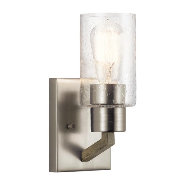 Kichler Deryn single wall light in distressed antique grey finish on white background.