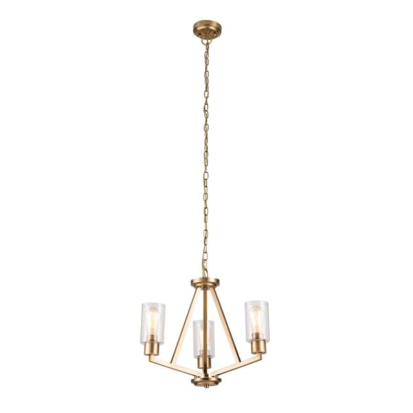 Kichler Deryn 3 light chandelier in natural brass finish, full height on white background.