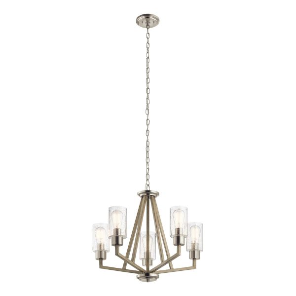 Kichler Deryn 5 light chandelier in distressed antique grey finish, full height on white background.