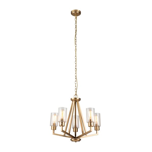 Kichler Deryn 5 light chandelier in natural brass finish, full height on white background, lit.