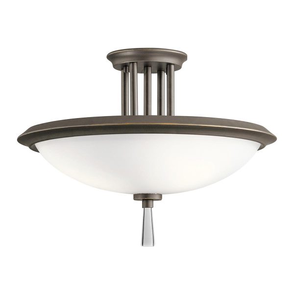 Kichler Dreyfus 3 light semi flush ceiling light in olde bronze on white background.