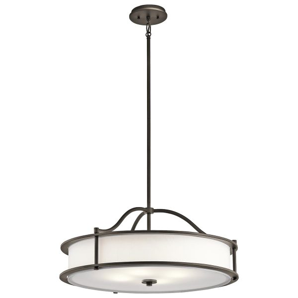 Kichler Emory duo mount 4 light pendant or semi flush in olde bronze, full height on white background.