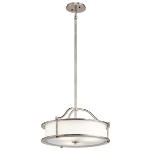 Kichler Emory small 3 light pendant or semi flush in classic pewter, full height on white background.