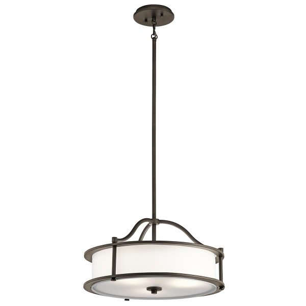 Kichler Emory small 3 light pendant or semi flush in olde bronze, shown full height on white background.