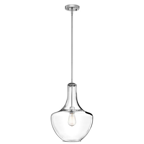 Everly medium 1 light clear glass pendant in polished chrome, full height on white background.