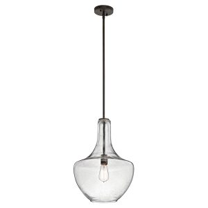 Kichler Everly medium 1 light seeded glass pendant in olde bronze, full height on white background.