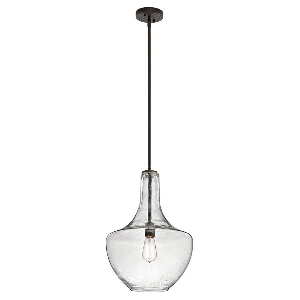 Kichler Everly medium 1 light seeded glass pendant in olde bronze, full height on white background.