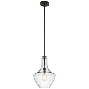 Kichler Everly small 1 light clear seeded glass pendant in olde bronze, full height on white background.