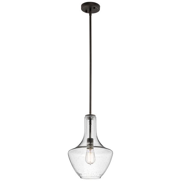 Kichler Everly small 1 light clear seeded glass pendant in olde bronze, full height on white background.