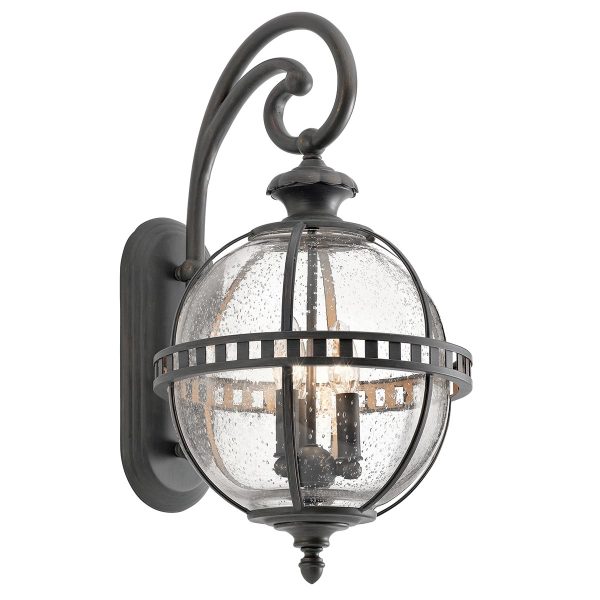 Halleron 3 light medium outdoor wall lantern in Londonderry finish on white background.