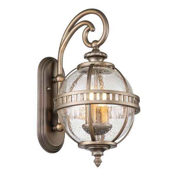 Kichler Halleron 2 light small outdoor wall lantern in burnished bronze finish on white background, lit.