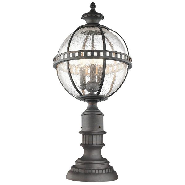 Kichler Halleron 3 light outdoor pedestal lantern in Londonderry finish on white background.