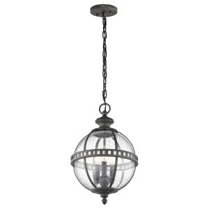 Halleron 3 light outdoor porch chain lantern in Londonderry finish, full height on white background.