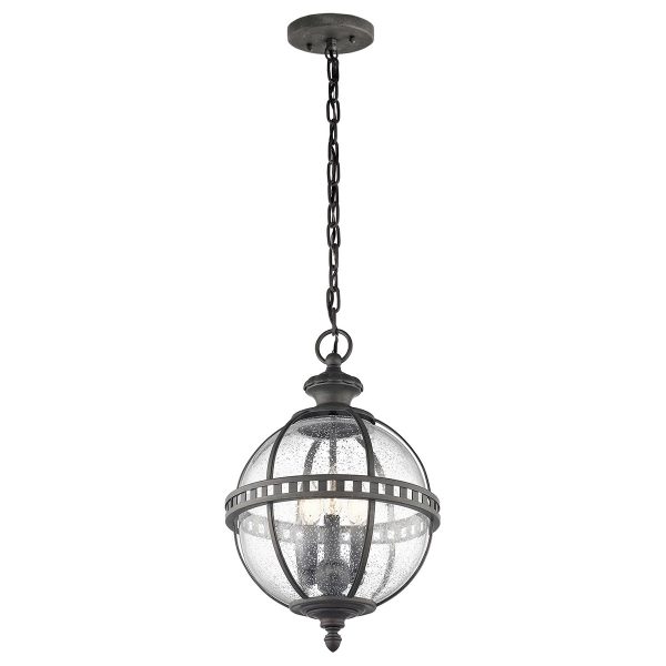 Halleron 3 light outdoor porch chain lantern in Londonderry finish, full height on white background.