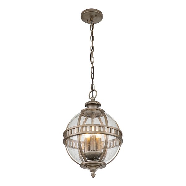 Kichler Halleron 3 light outdoor porch chain lantern in burnished bronze finish, full height on white background, lit.