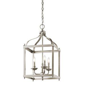 Kichler Larkin 3 light brushed nickel pendant ceiling lantern on white background, lit.