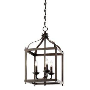 Kichler Larkin 3 light pendant ceiling lantern in olde bronze on white background, lit.