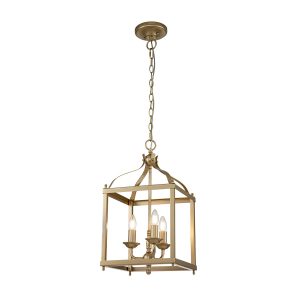 Kichler Larkin 3 light pendant ceiling lantern in painted natural brass, full height on white background, lit.