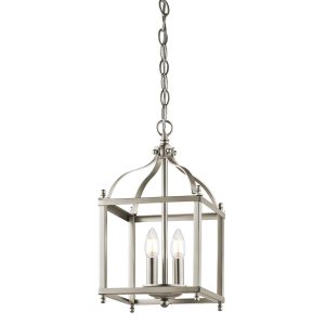 Kichler Larkin 2 light brushed nickel pendant ceiling lantern on white background, lit.