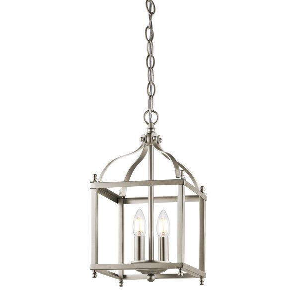 Kichler Larkin 2 light brushed nickel pendant ceiling lantern on white background, lit.