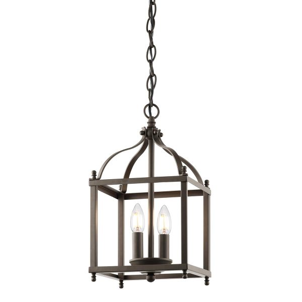 Kichler Larkin 2 light pendant ceiling lantern in olde bronze on white background, lit.