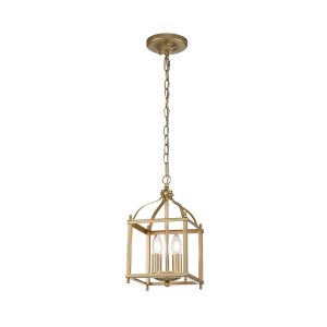 Kichler Larkin 2 light pendant ceiling lantern in painted natural brass, full height on white background, lit.