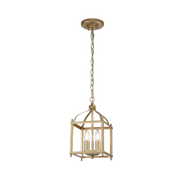 Kichler Larkin 2 light pendant ceiling lantern in painted natural brass, full height on white background, lit.