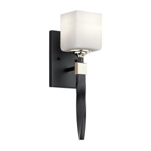 Kichler Marette single black bathroom wall light on white background.