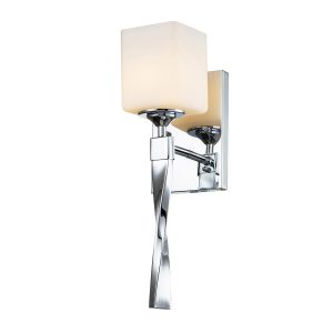 Kichler Marette single chrome bathroom wall light on white background, lit.