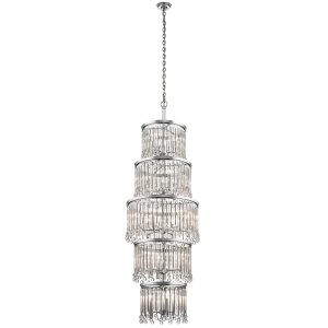 Kichler Piper 18 light stairwell chandelier in polished chrome, full height on white background.