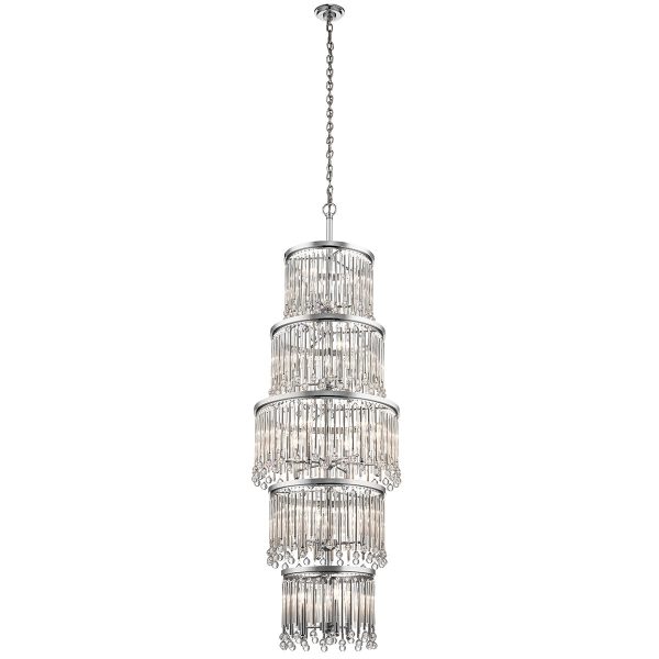 Kichler Piper 18 light stairwell chandelier in polished chrome, full height on white background.