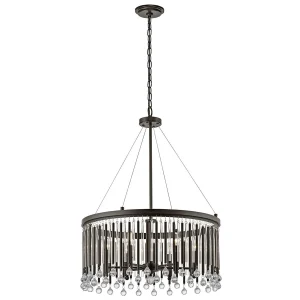 Kichler Piper 6 light pendant chandelier in espresso finish, full height on white background.