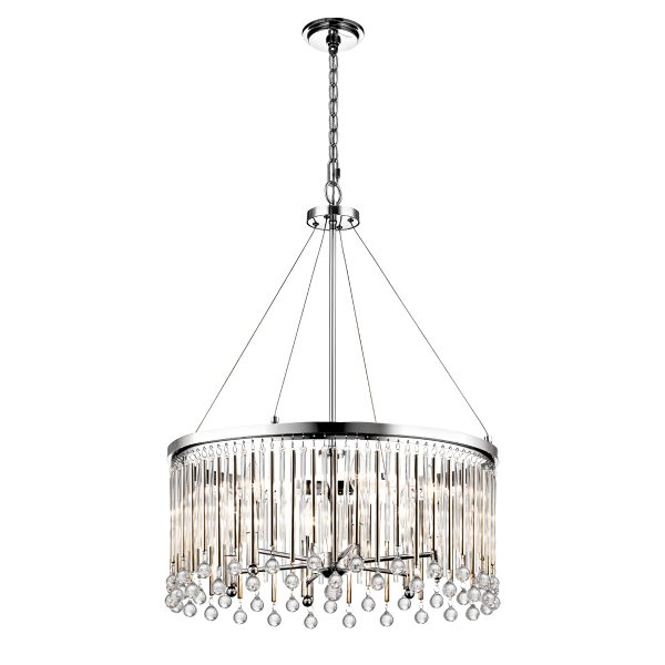 Kichler Piper 6 light pendant chandelier in chrome, full height on white background.