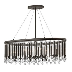 Kichler Piper 6 light oval chandelier in espresso finish, full height on white background.