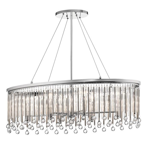 Piper 6 light oval chandelier in chrome, full height on white background.