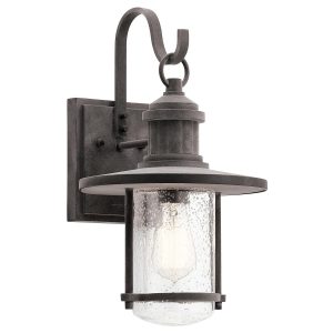 Kichler Riverwood large outdoor wall lantern in weathered zinc on white background.