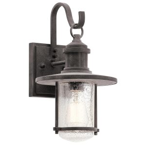 Kichler Riverwood medium outdoor wall lantern in weathered zinc on white background.