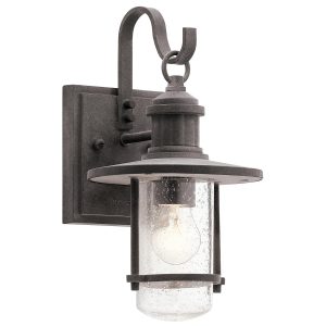 Kichler Riverwood small outdoor wall lantern in weathered zinc on white background.