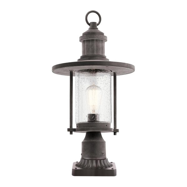 Kichler Riverwood 1 light outdoor pedestal lantern in weathered zinc on white background, lit.