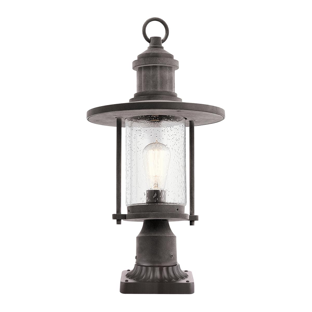 Riverwood 1 Light Outdoor Pedestal Lantern Weathered Zinc Seeded Glass