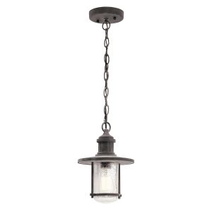 Kichler Riverwood porch chain lantern in weathered zinc, full height on white background.