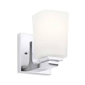 Kichler Roehm single chrome bathroom wall light with opal glass shade on white background.