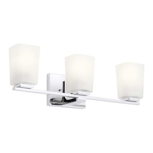 Kichler Roehm 3 light chrome bathroom mirror light on white background.