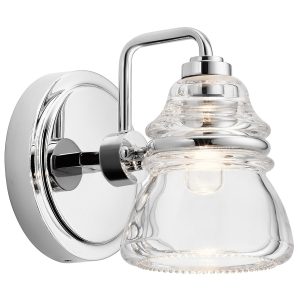 Kichler Talland single chrome bathroom wall light on white background.