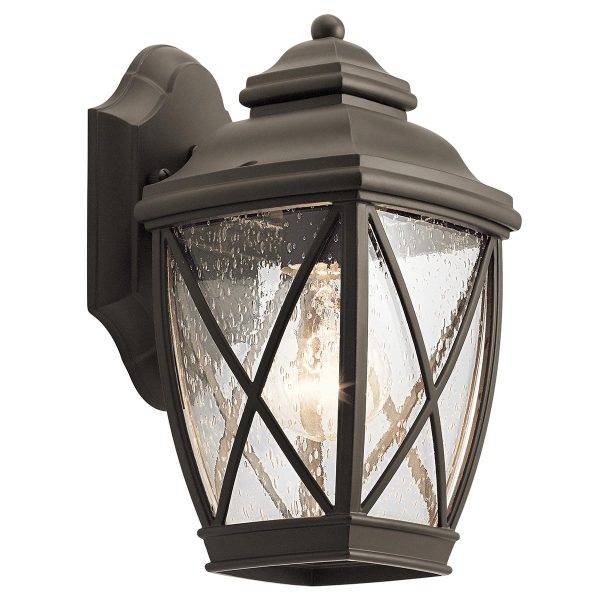 Kichler Tangier small outdoor wall lantern in olde bronze on white background.