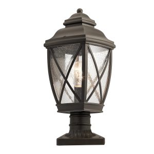 Kichler Tangier outdoor pedestal lantern in olde bronze on white background.