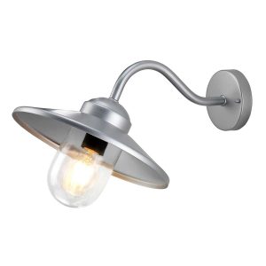 Klampenborg 1 lamp stainless steel outdoor wall light in silver on white background, lit