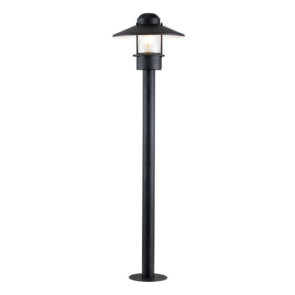 Elstead Klampenborg 1 light stainless steel outdoor bollard light in black on white background, lit.