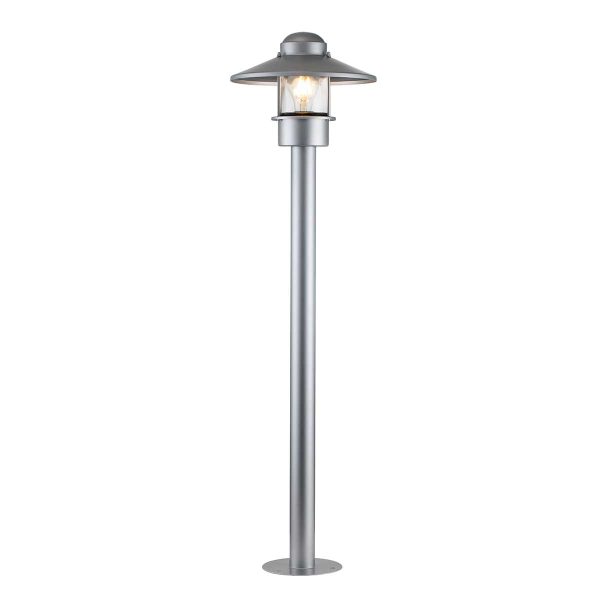 Elstead Klampenborg 1 light stainless steel outdoor bollard light in silver on white background, lit.